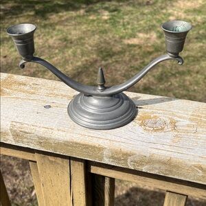 Double-Arm Pewter Candle Holder - Silver Finish